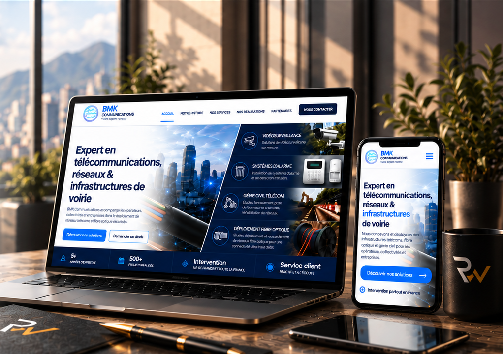 Ordinateur et smartphone présentant le site BMK Communications dans un environnement de bureau premium